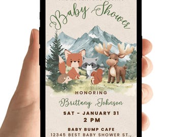 Invitación para baby shower en la naturaleza: Alce, montañas de Alaska, bosque, rifa de pañales y libros (plantilla digital)