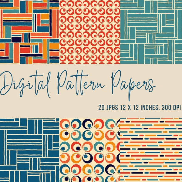 20 Retro Digital Pattern Papers, multiple usage digital illustrations, Artful digital print, Colorful patterns png bundle