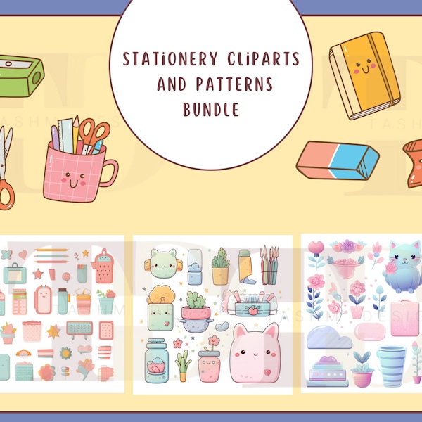 Kawaii Stationery Sublimation bundle, Stationery cliparts and patterns, multiple usage digital illustrations, Artful digital print