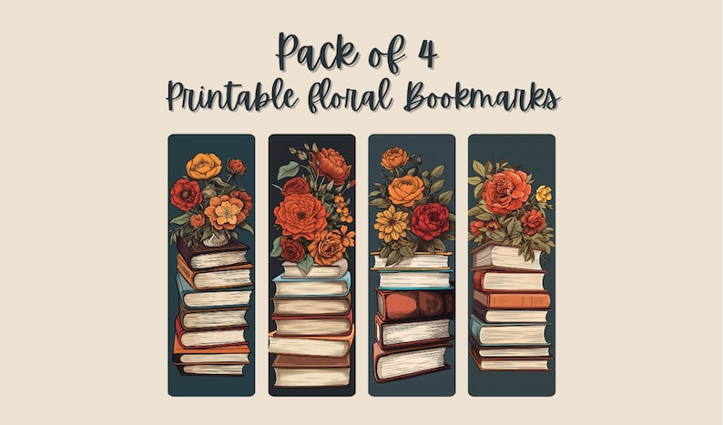Retro Floral Bookmarks Template, Printable Bookmarks Set of 4, Flowered ...