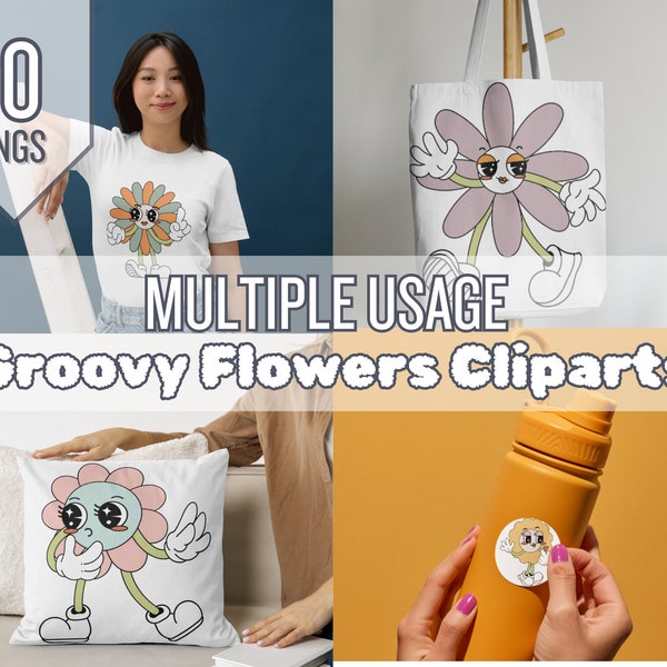 10 clipart di fiori Groovy stampabili, illustrazioni digitali multiuso, stampa digitale artistica, pacchetto png di cartoni animati Groovy