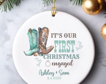 Our First Christmas Engaged Ornament, Western Christmas Ornament, Engagement Christmas Ornament, Engaged Couple Ornament,Personalized Custom