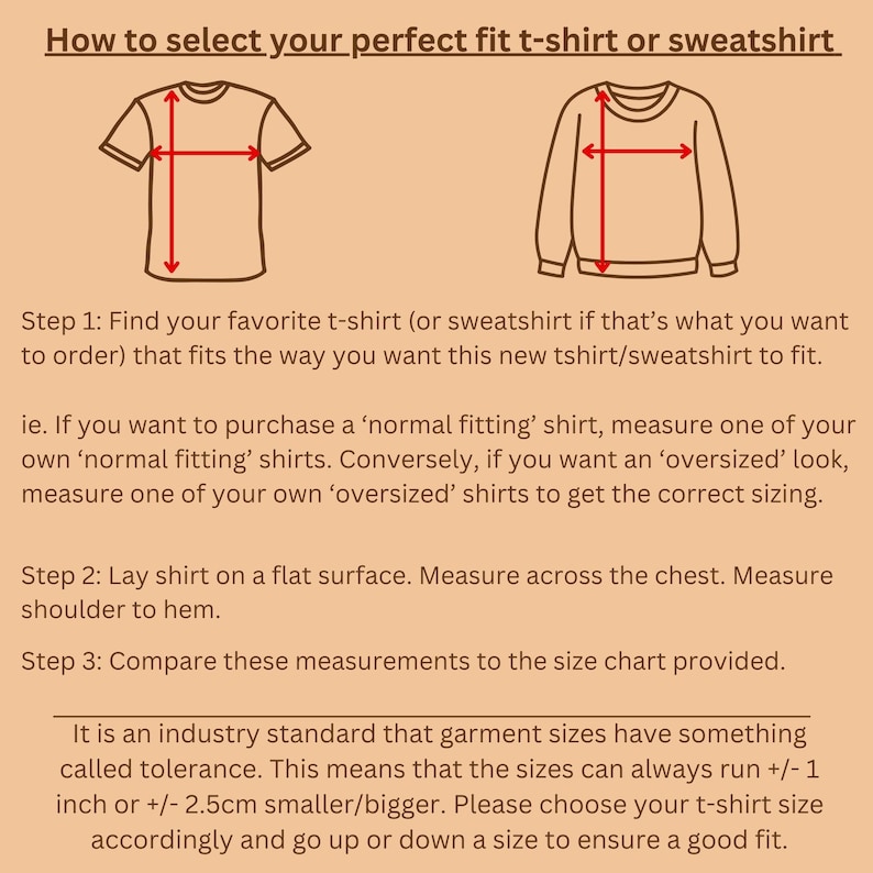 Puede incluir: Gr&aacute;fico beige con el texto "C&oacute;mo seleccionar tu camiseta o sudadera con ajuste perfecto". Se muestran ilustraciones de una camiseta y una sudadera con flechas de medici&oacute;n. Se incluyen instrucciones sobre c&oacute;mo medir una camisa para determinar la talla.