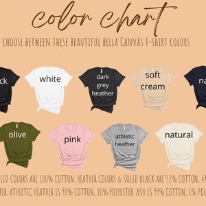 Op de afbeelding: Kleurenkaart met Bella Canvas T-shirt kleuren. De kleuren omvatten zwart, wit, donker grijs melange, zachte cr&egrave;me, marine, olijf, roze, atletisch melange en naturel. Effen kleuren zijn 100% katoen. Melange kleuren en effen zwart zijn 52% katoen, 48% polyester. Atletisch melange is 90% katoen, 10% polyester. As is 99% katoen, 1% polyester.