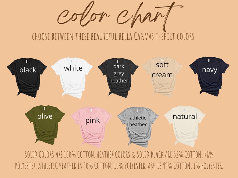 Op de afbeelding: Kleurenkaart met Bella Canvas T-shirt kleuren. De kleuren omvatten zwart, wit, donker grijs melange, zachte cr&egrave;me, marine, olijf, roze, atletisch melange en naturel. Effen kleuren zijn 100% katoen. Melange kleuren en effen zwart zijn 52% katoen, 48% polyester. Atletisch melange is 90% katoen, 10% polyester. As is 99% katoen, 1% polyester.