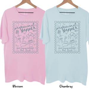 以下が含まれることがあります： 木製のハンガーに、半袖Tシャツが2枚、ブロッサムピンクとシャンブレーブルーで吊るされています。各シャツには、切手の枠の中に灰色のグラフィックがあります。グラフィックには、マイク、吹き出し、テキスト「professional yapper」が含まれています。