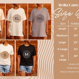 Op de afbeelding: Maattabel voor Bella Canvas 3001 T-shirts. De tabel toont de breedte en lengte van elke maat, van Small (18 inch breed, 28 inch lang) tot 2X-Large (26 inch breed, 32 inch lang).