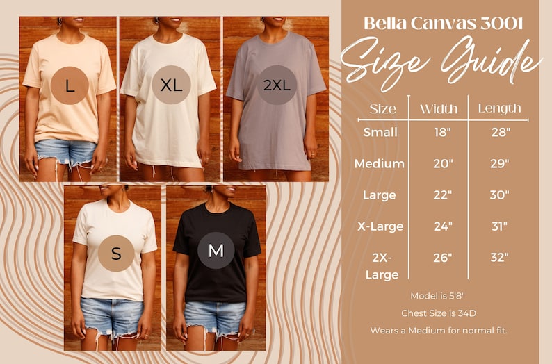 Op de afbeelding: Maattabel voor Bella Canvas 3001 T-shirts. De tabel toont de breedte en lengte van elke maat, van Small (18 inch breed, 28 inch lang) tot 2X-Large (26 inch breed, 32 inch lang).