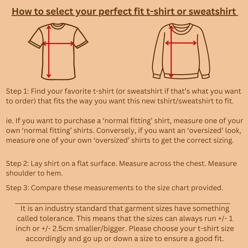 Op de afbeelding: Diagram met uitleg over het meten van een t-shirt en sweatshirt voor de perfecte pasvorm. De tekst luidt: "Hoe u uw perfect passende t-shirt of sweatshirt selecteert." Instructies omvatten het meten over de borst en van schouder tot zoom.