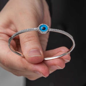Bracelet jonc œil turc, manchette en argent sterling 925 avec zircon bleu Nazar, plaqué rhodium, bijou de protection, cadeau turc pour elle