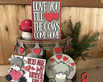 Highland Cow Love/Valentine Tiered Tray Decor, Highland Cow Decor, Farmhouse Decor, Rustic Decor, Valentine's Decor, Love Decor