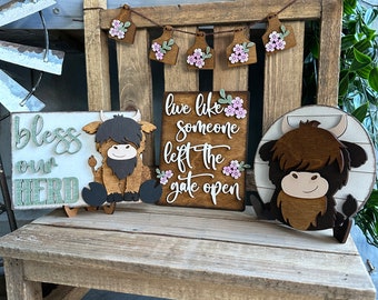 Highland Cow Spring Tiered Tray Decor, Highland Cow Decor, Highland Cow Signs, Bless this Herd, Mini Signs, Farmhouse Decor