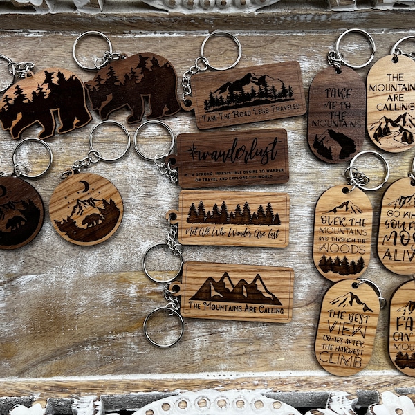 Mountain sayings keychains, Inspirational Quotes, Bear Keychain, Wanderlust, Faith, The Mountains are Calling, Not all Who Wander are Lost.