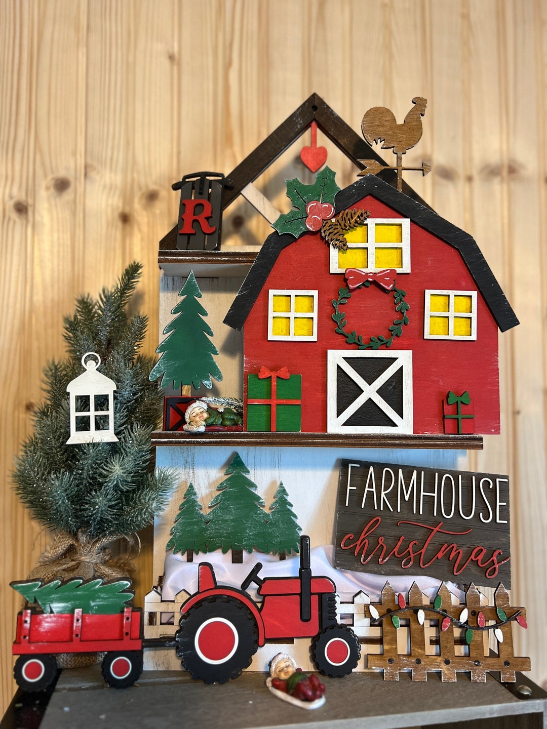 Farmhouse Christmas Tiered Tray Decor, Red Barn Tiered, Christmas