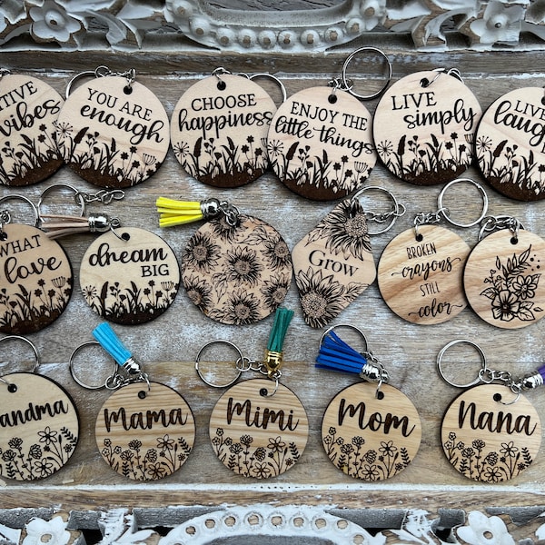 Wood Engraved Keychains, Floral Keychains, Motivational Keychains, Sunflower Keychain, Customized, Gifts, Positive Talk, Inspiration