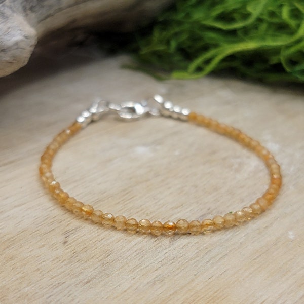 Honey citrine faceted tiny bead bracelet with sterling silver, November birthday gift, boho minimalist, 2mm fall stacking bracelet