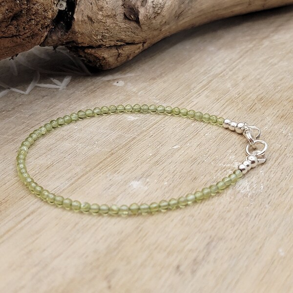 Natural Green Peridot tiny bead bracelet, 2mm stacking gemstone bracelet, August birthstone, sterling, simple delicate everyday boho jewelry