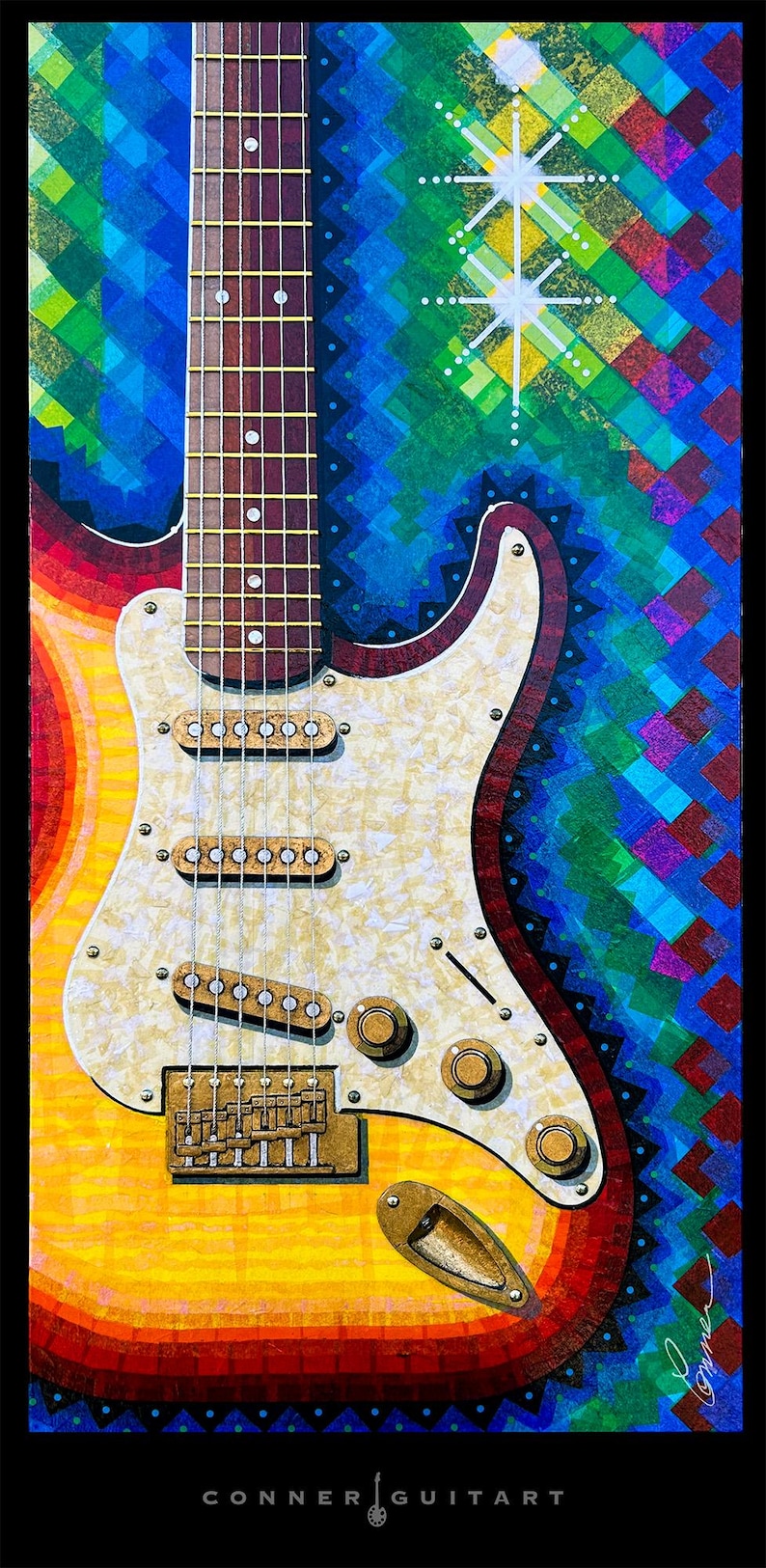 Puede incluir: Una obra de arte vibrante que representa una guitarra el&eacute;ctrica con cuerpo sunburst, golpeador nacarado y tres pastillas de bobina simple. El fondo presenta un patr&oacute;n de mosaico geom&eacute;trico colorido con acentos de estrellas. El texto CONNER GUITART es visible.