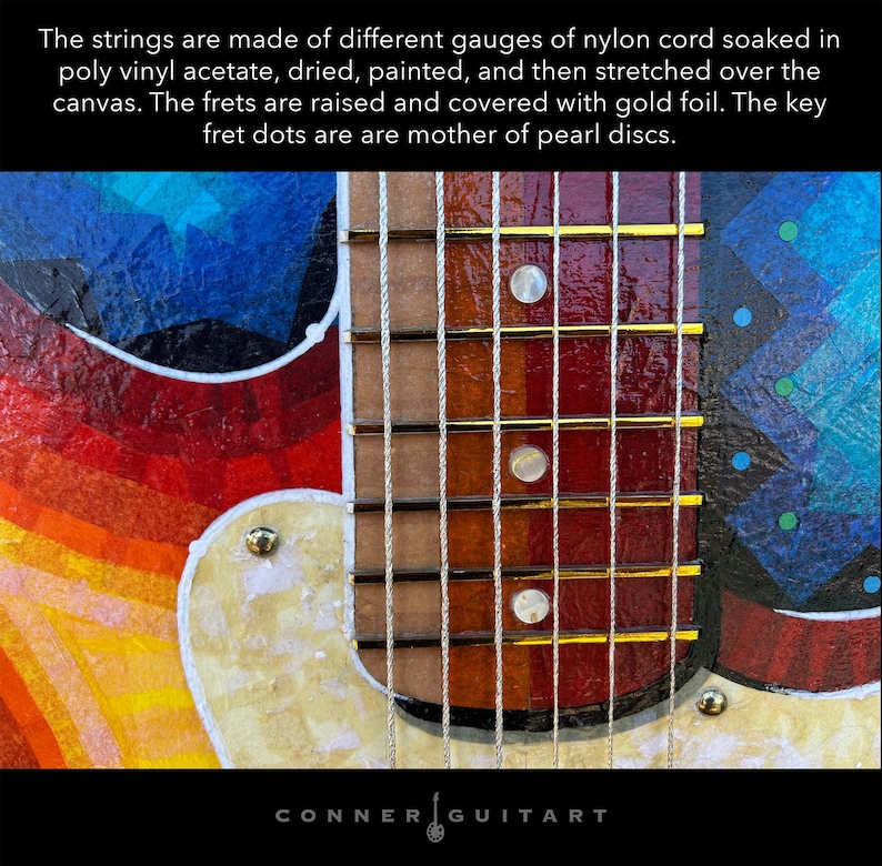 Puede incluir: Una obra de arte con tem&aacute;tica de guitarra que presenta cuerdas de nailon, trastes elevados con l&aacute;mina de oro y puntos de n&aacute;car sobre un lienzo pintado. El texto dice: The strings are made of different gauges of nylon cord soaked in poly vinyl acetate, dried, painted, and then stretched over the canvas. The frets are raised and covered with gold foil. The key fret dots are are mother of pearl discs. CONNER GUITART.