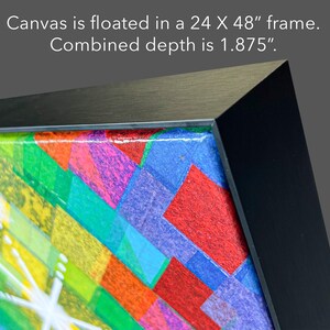 Puede incluir: Un lienzo con un patr&oacute;n geom&eacute;trico vibrante de formas rojas, azules, verdes y amarillas, montado en un marco negro. El texto indica: Canvas is floated in a 61 x 122 cm frame. Combined depth is 4.76 cm.