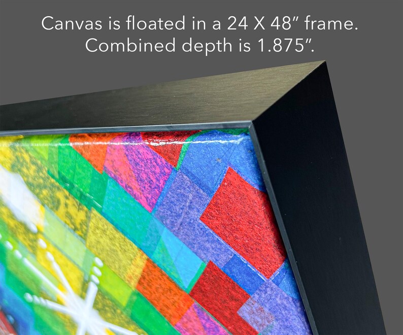 Puede incluir: Un lienzo con un patr&oacute;n geom&eacute;trico vibrante de formas rojas, azules, verdes y amarillas, montado en un marco negro. El texto indica: Canvas is floated in a 61 x 122 cm frame. Combined depth is 4.76 cm.