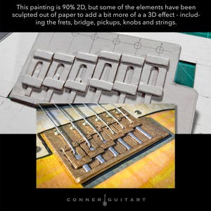Puede incluir: Una pintura de t&eacute;cnica mixta de un puente de guitarra con elementos de papel esculpido. El texto dice: This painting is 90% 2D, but some of the elements have been sculpted out of paper to add a bit more of a a 3D effect - including the frets, bridge, pickups, knobs and strings. CONNER GUITART.