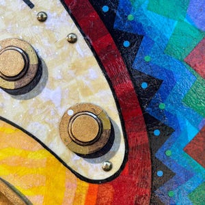 Puede incluir: Un primer plano de una superficie texturizada con dos perillas circulares doradas montadas sobre un panel color crema con brillo met&aacute;lico. A la derecha, un patr&oacute;n geom&eacute;trico vibrante muestra l&iacute;neas en zigzag rojas, negras, azules y verdes.