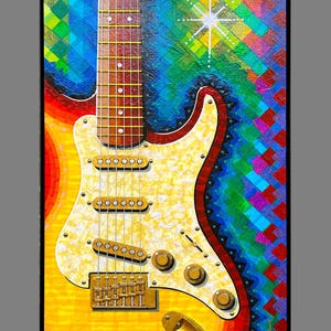 Puede incluir: Una pintura vibrante de una guitarra el&eacute;ctrica con cuerpo sunburst, golpeador nacarado y tres pastillas. El fondo consiste en un patr&oacute;n de diamantes pixelado y colorido en tonos azules, verdes y rojos, con dos destellos blancos.