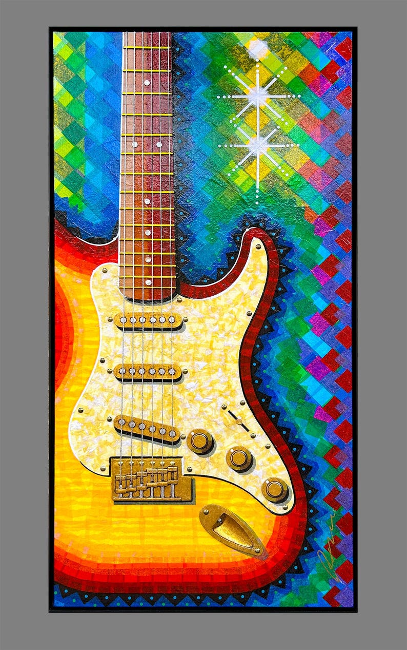 Puede incluir: Una pintura vibrante de una guitarra el&eacute;ctrica con cuerpo sunburst, golpeador nacarado y tres pastillas. El fondo consiste en un patr&oacute;n de diamantes pixelado y colorido en tonos azules, verdes y rojos, con dos destellos blancos.