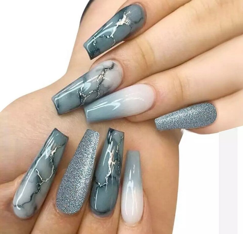 Grey Marble Effect Ocean Stone Nails