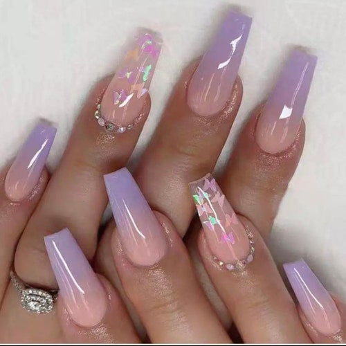 Paris Press on Nails Purple Pink Butterfly Ombre French - Etsy
