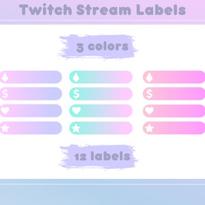 Pastel Purple, Pink, Blue Aesthetic Twitch Alert Overlay Label Pack, Pre-made Stream Design - Instant Download