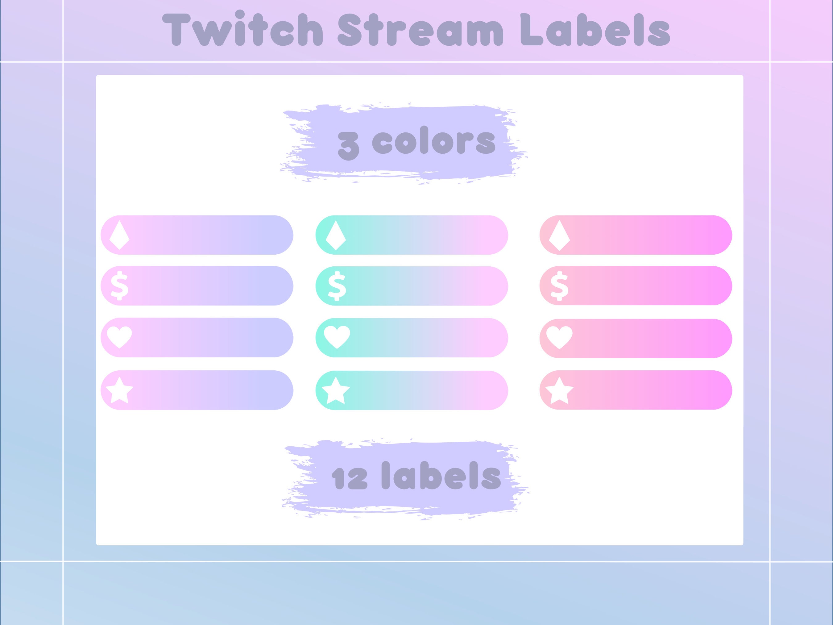 Pastel Purple, Pink, Blue Aesthetic Twitch Alert Overlay Label Pack, Pre-made Stream Design - Instant Download