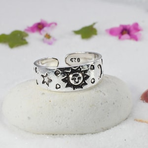 Sterling  Silver  925  Sun, Moon  And  Stars  Adjustable  Toe  Ring