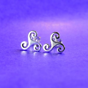 Op de afbeelding: Een paar zilveren oorbellen met een Keltisch knoopontwerp. De oorbellen liggen op een paarse achtergrond.