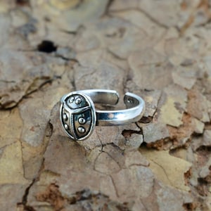 May include: A silver ring with an insect design. The ring has an oval-shaped face with a detailed insect motif. The ring has an adjustable band and is set against a textured, brown background. The insect design has a segmented body and small circular details.