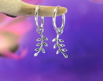 Pair  Of  Sterling  Silver  925  Silver  Leaf  Hoop  Sleeper  Earrings