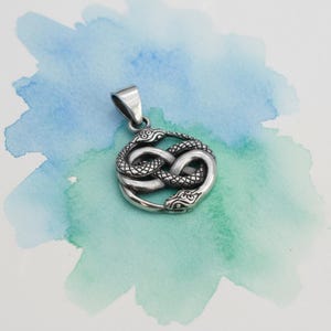 May include: A silver pendant depicting two snakes entwined in a circular pattern. The snakes are intricately detailed with scales and open mouths. The pendant includes a loop for a chain. The background is a watercolour wash of blue and green.
