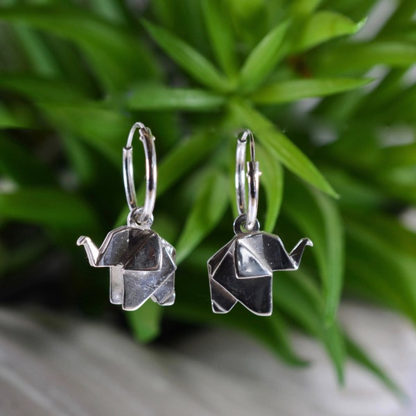 Pair  Of  Sterling  Silver  925  Elephant  Origami  Style  Hoop  Dangly  Earrings  In  Gift  Box