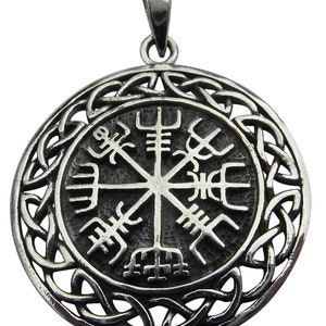 May include: Silver pendant featuring a Vegvisir compass symbol surrounded by a Celtic knot design.