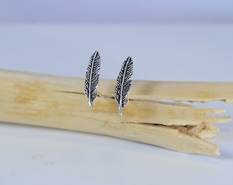 Sterling  Silver  925  Feather  Ear  Stud  Earrings  With  Sterling  Silver  Butterfly  Backs