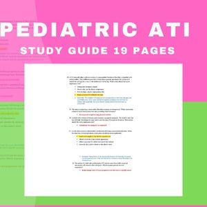Puede incluir: Una guía de estudio titulada "Pediatric ATI" con el texto "Study Guide 19 Pages" en letras blancas sobre un fondo rosa. La guía contiene información y preguntas médicas.