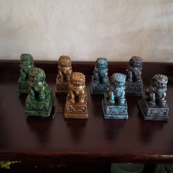 A PAIR (2) of Concrete Chinese Foo Dog Lion Statue Figurines ! Great for shelf! Indoor/Outdoor! Small size - Beautiful patina finish!