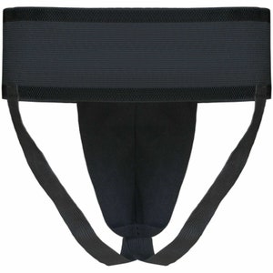 May include: Black athletic supporter with elastic straps and a wide waistband.