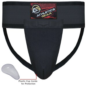 May include: Black athletic supporter with a white and red logo that says "Athletics Gear". The supporter has a white plastic cup inside for protection.