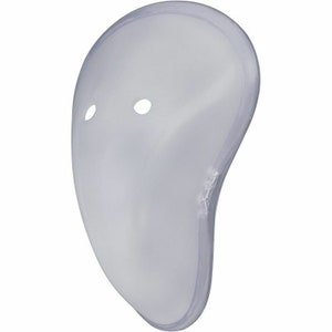 May include: A clear plastic hockey goalie mask with two small holes for the eyes.