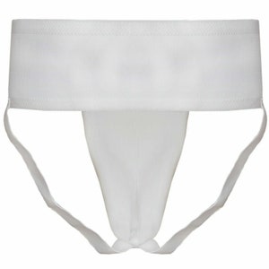 May include: White athletic supporter with a wide elastic waistband and adjustable straps.