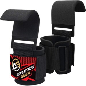 May include: A pair of black weightlifting straps with a red and black logo that says "Athletics Gear". The straps have a padded wrist support and a hook for lifting.