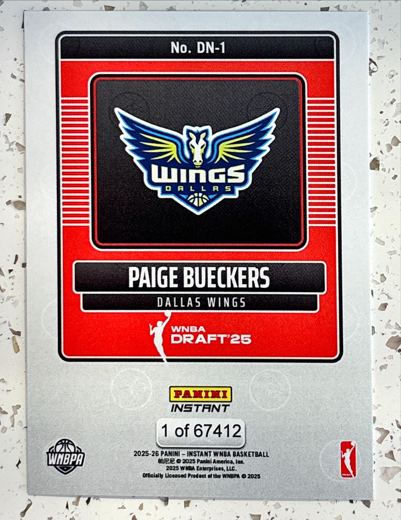 2025 Panini Instant WNBA Draft Card - Paige Bueckers #DN-1 Rookie Card (RC) Dallas Wings