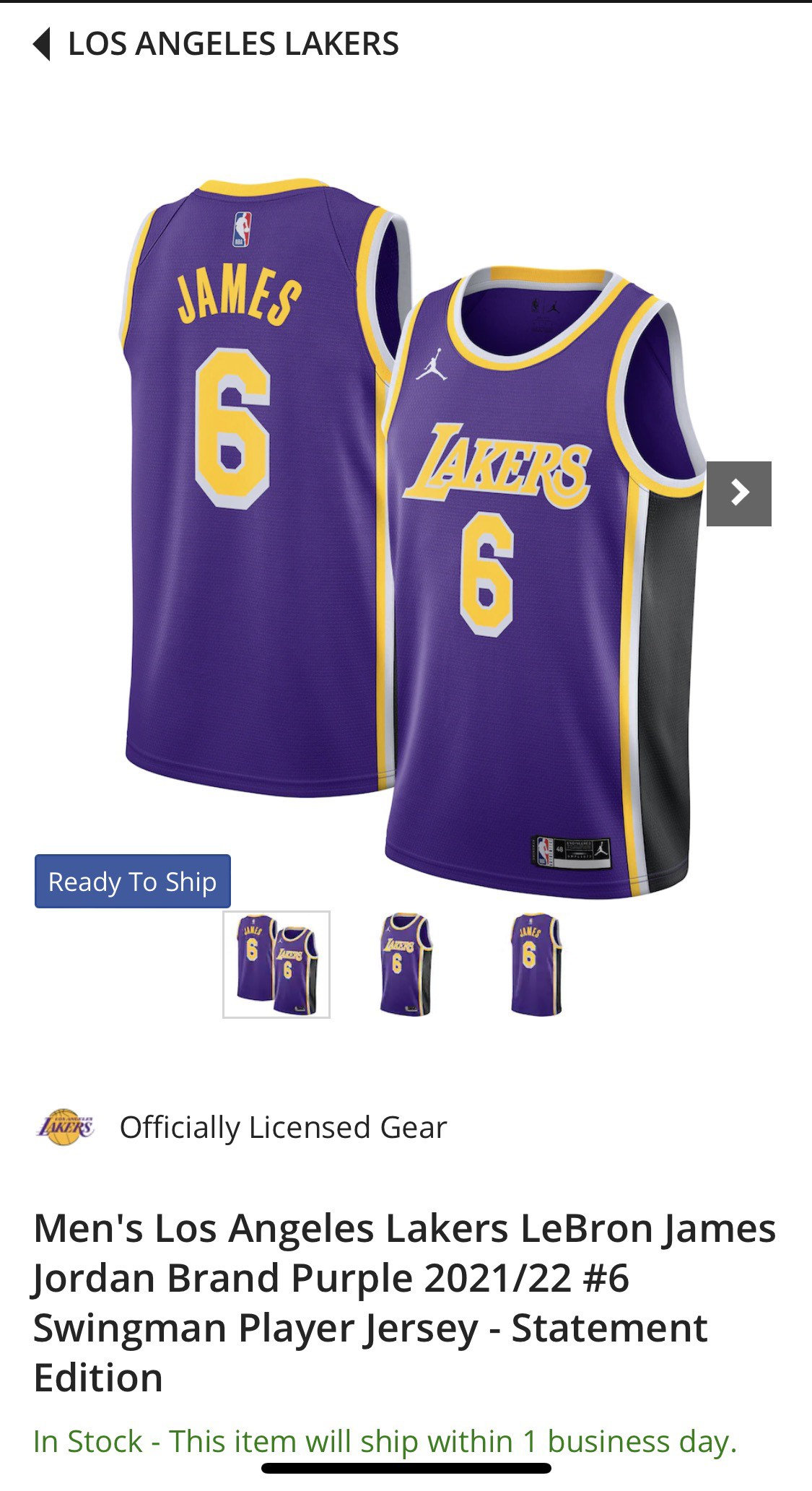 LeBron James LA Lakers Jordan Brand Statement 2021/22 #6 Swingman Jersey  Size XL